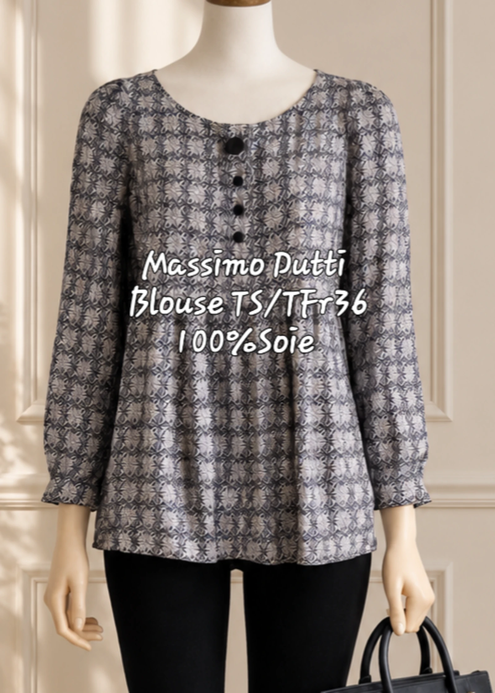 Massimo Dutti Blouse Elégante TS/TFr36-Gris&Noir-Imprimé Floral & Fluide 100%Soie en TBE